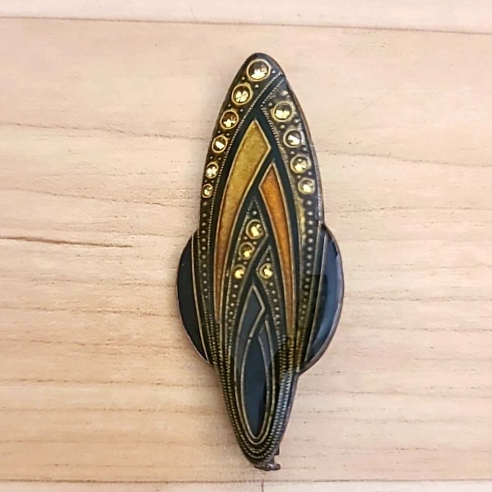 Vintage Art Deco Pierre Bex Style Enamel Rhinestone Black/Amber Brooch